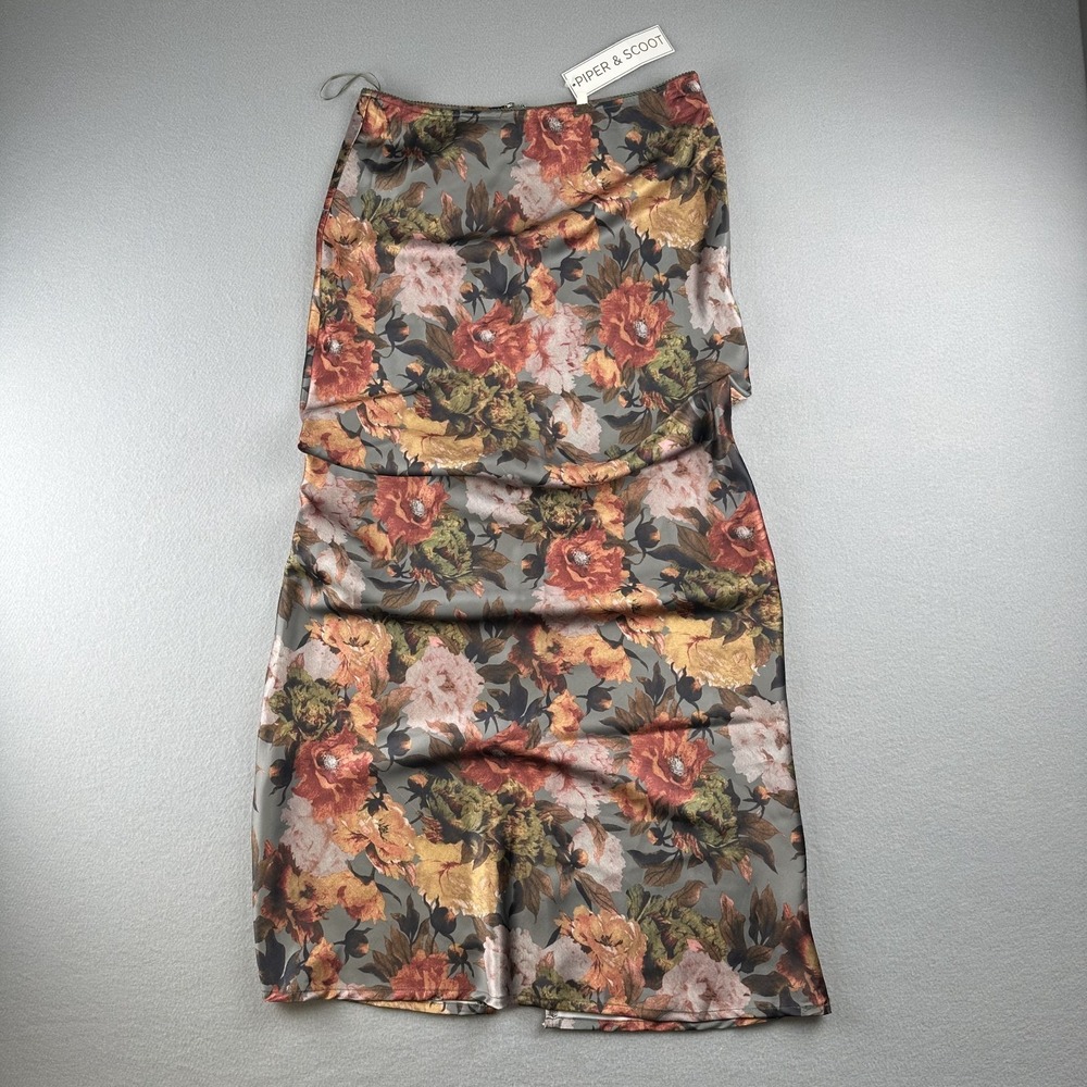 Piper and Scoot The Torrington Floral Satin Maxi Skirt in Sage Multi Size Medium